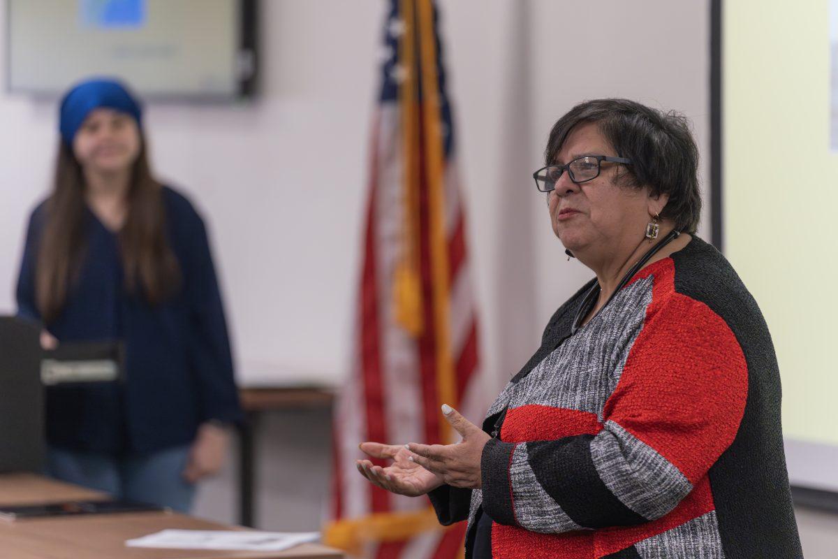 Army veteran and author, Consuelo Castillo-Kickbusch, speaks to a room full of listeners in the Hall of Fame as part of Hispanic Heritage Month Celebration happening at Riverside City College on Oct 10.

Photo By Stephen Day, Viewpoints.