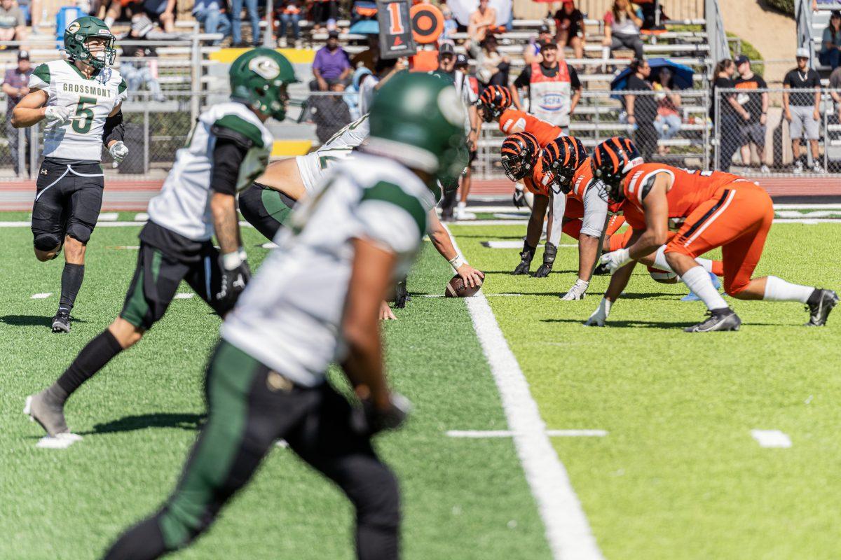 Roverside City College Tigers defensive line get ready to pounce during the matchup between the Tigers and Grossmont College Griffins at Wheelock Stadium on Oct 14.

Tigers defeated Griffins 63-0.

Photo by Stephen Day, Viewpoints.