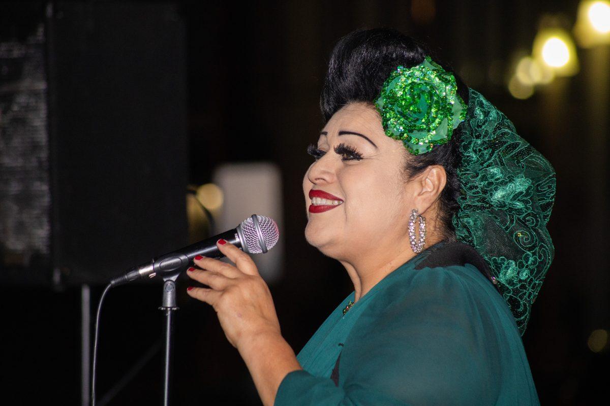 Vicky Tafoya performing during her performance outside of The Cheech, a museum located in downtown Riverside on Oct 5.