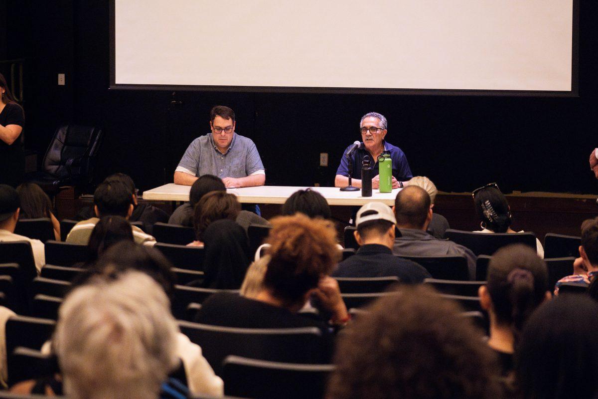 History instructor Daniel Borses, left and political science instructor Dariush Haghighat answer audience questions at the Gaza Round Table Discussion in Quad Room 144 at Riverside City College on Nov. 2. 