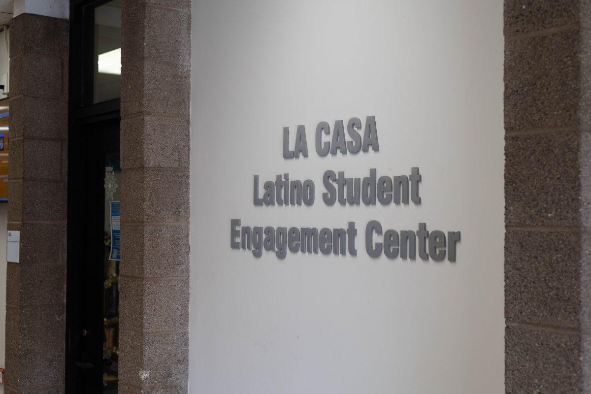 Main entrance sign of the La Casa Latino Student Engagement Center in the Bradshaw Building at Riverside City College on Nov. 15.