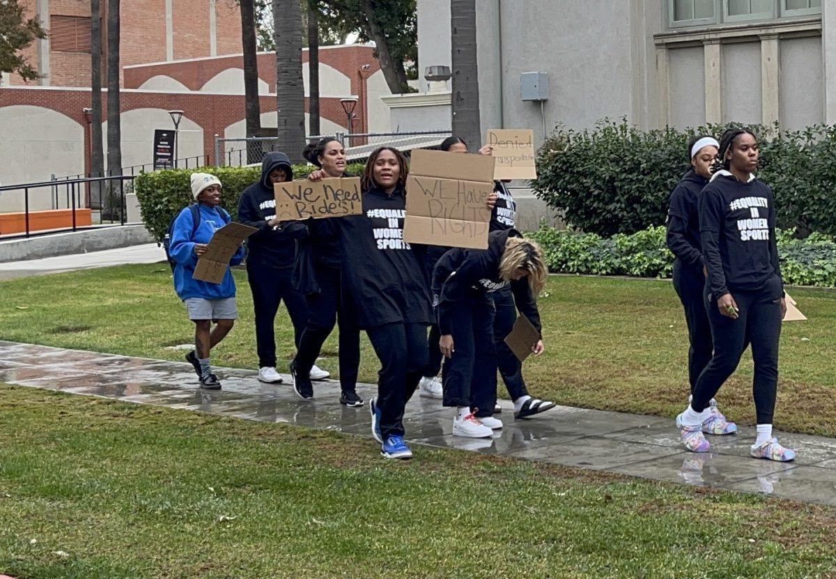 Riverside City College women's basketball team and head coach protest on campus, citing lack of uniforms and transportation