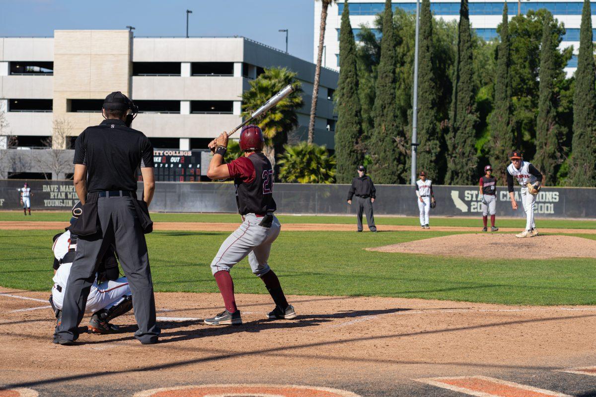 Riverside City College Tiger's pitcher, Dylan Plutner, 22, faces Sattleback's batter, Jason Wright, 27, at the plate at Evan's Field Sports Complex on Mar. 5th, 2024.