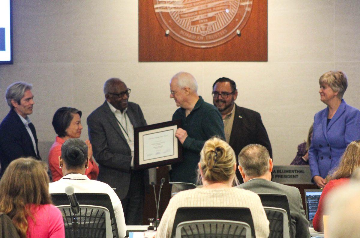 Felipe Galicia (left), President Claire Oliveros, Chancellor Wolde-Ab Isaac, Trustees President Jose Alcala, and Academic Senate President Jo Scott-Coe honor Allan Lovelace with the emeritus award at the Riverside Community College District’s Board of Trustees meeting on April 16, recognizing his 24 years of dedicated service as a journalism instructor at Riverside City College. Photo by Joannah Clemente