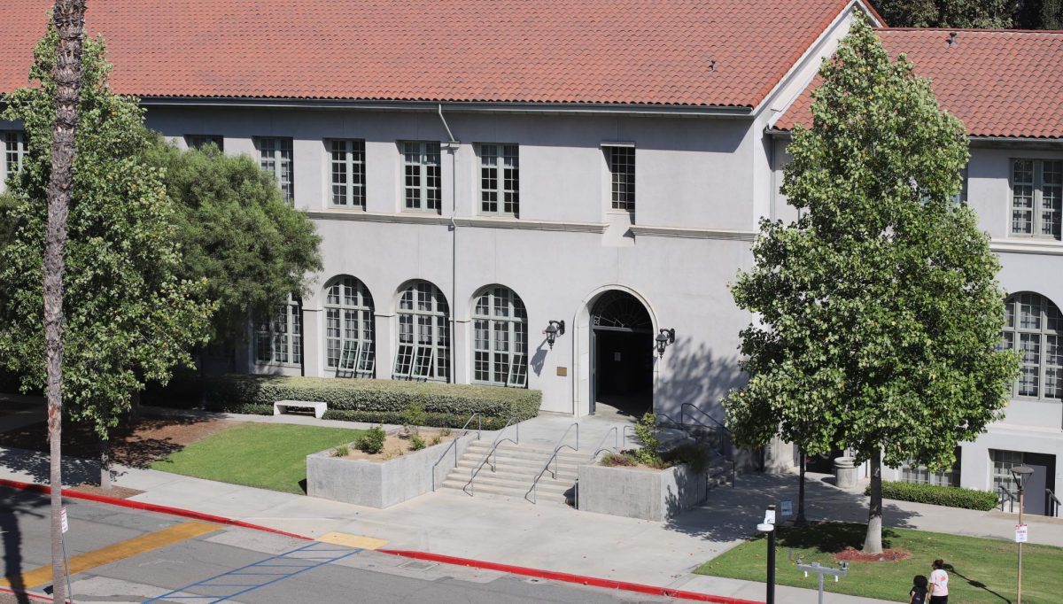 Photograph of the west entrance of the A.G. Paul Quadrangle taken on August 28 at Riverside City College.
