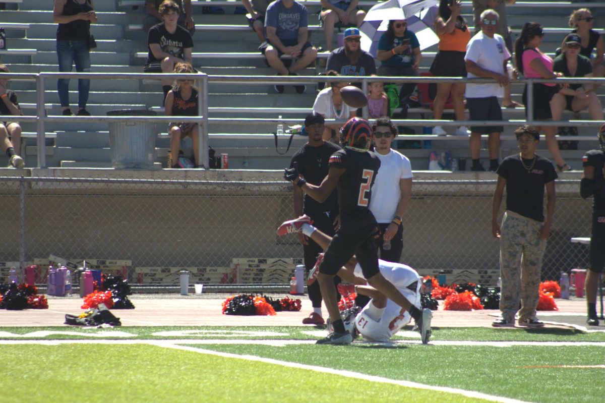 Riverside City College defensive back Ahmad Chapman secures an interception near the sideline against Palomar College at Wheelock Stadium on Sept. 28.