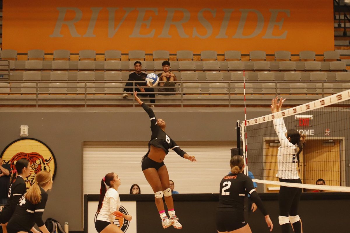 Riverside City College Volleyball player, Kilyn Hayes #8, scores for the Tigers on Oct. 23 at the Wheelock Gymnasium