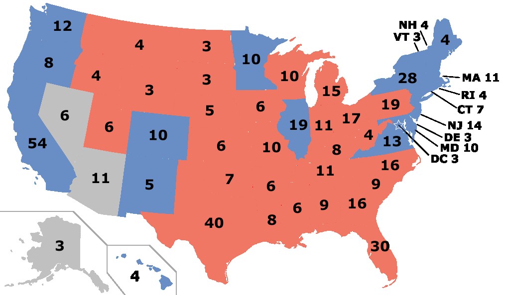 A map of the 2024 Presidential Election as of Nov. 6th at 10 a.m. States in red are won by Trump/Vance and states in blue were won by Harris/Walz