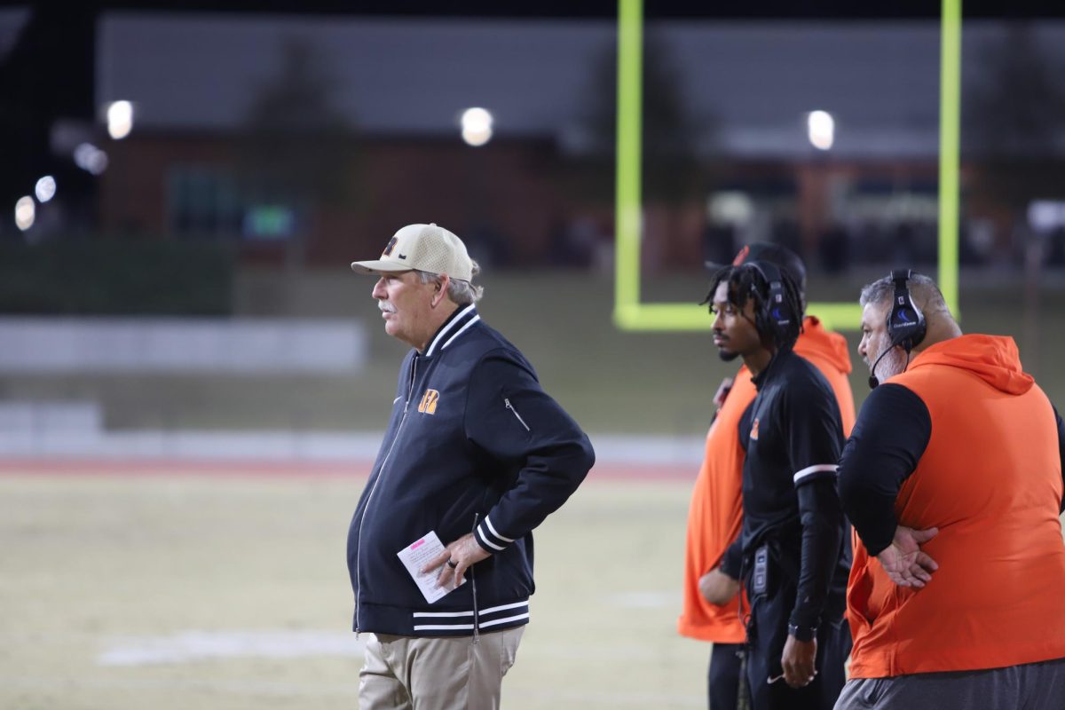 Riverside Community College head coach, Tom Craft, watches the game from the sidelines at Hilmer Lodge Stadium Dec. 7.