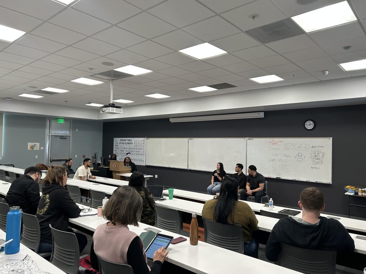 Peer mentor Israel Sandoval, Multicultural Activities Council Director Valeria Cervantes and La Casa member Sebastian Miranda speak on behalf of La Casa to Riverside City College staff on March 20.