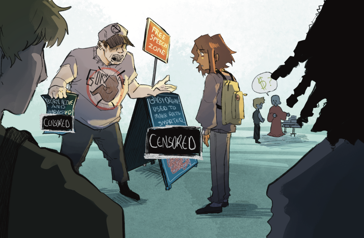An illustration of anti-abortion protestors harassing students outside of the Arthur G. Paul Quandrangle at Riverside City College.