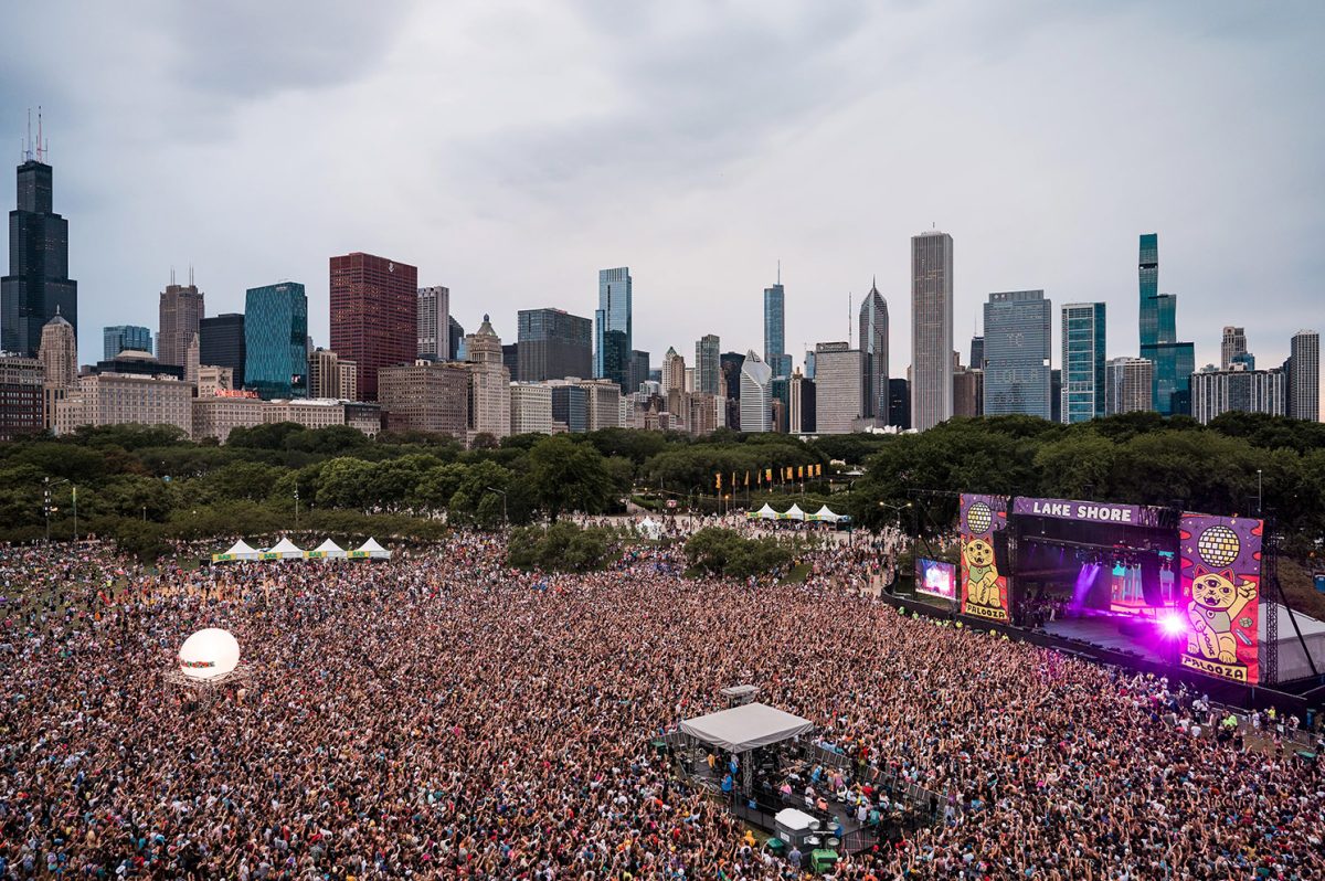 A large crowd gathers for Lollapalooza in Chicago, IL.
