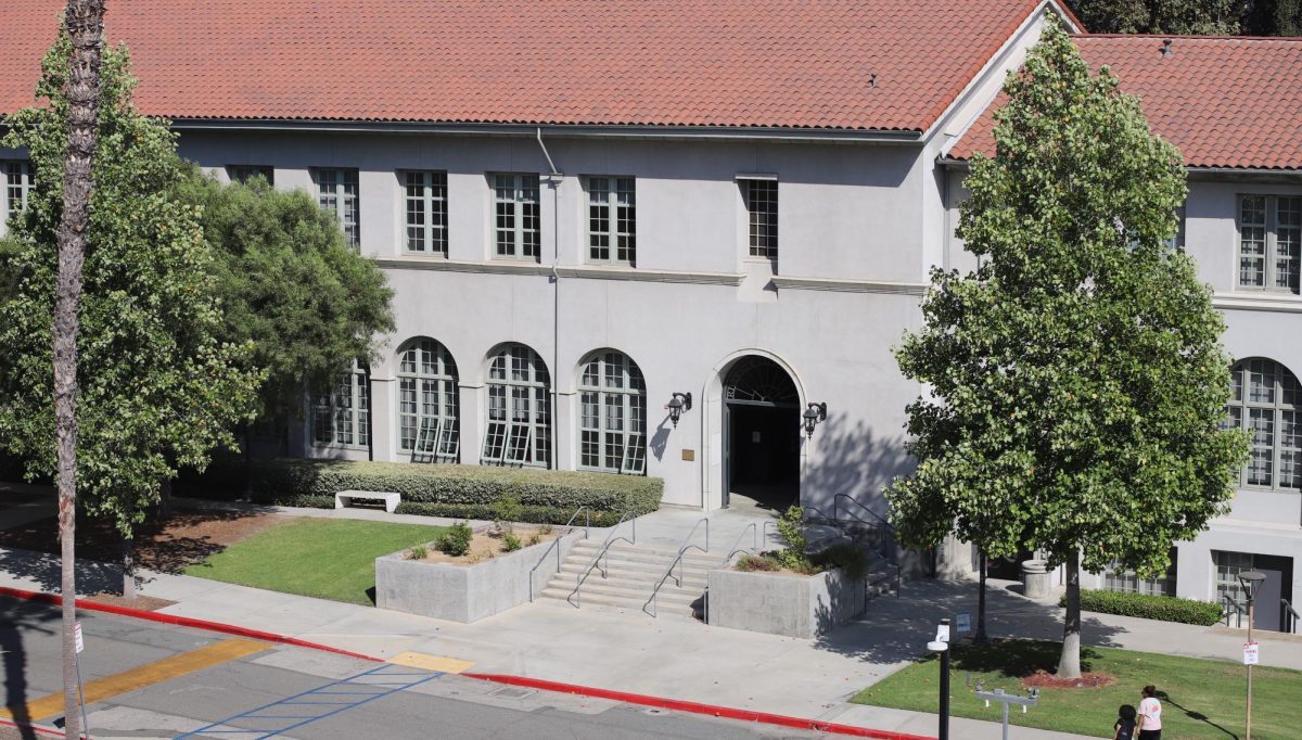 Photograph of the west entrance of the A.G. Paul Quadrangle taken on August 28 at Riverside City College.