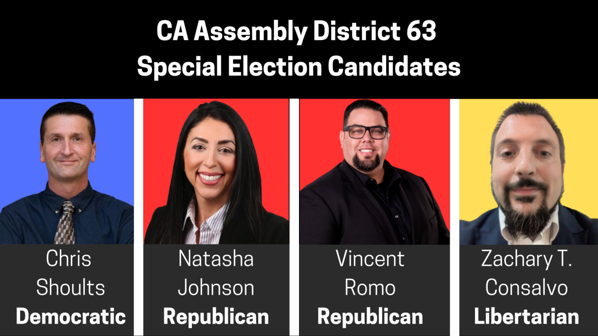 A graphic showing the candidates of the special election. From left to right, Democrat Chris Shoults, Republican Natasha Johnson, Republican Vincent Romo and Libertarian Zachary Consalvo