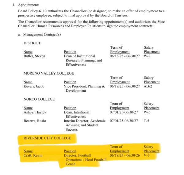 Riverside Community Colleges District Board of Trustees agenda for June 17meeting which includes the vote for approval for hiring for Kevin Craft as the next RCC head football coach