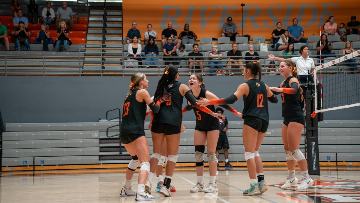 The Riverside City College Women's Volleyball team celebrates after a successful point against the Santa Ana College Dons on Sept. 17, 2025.