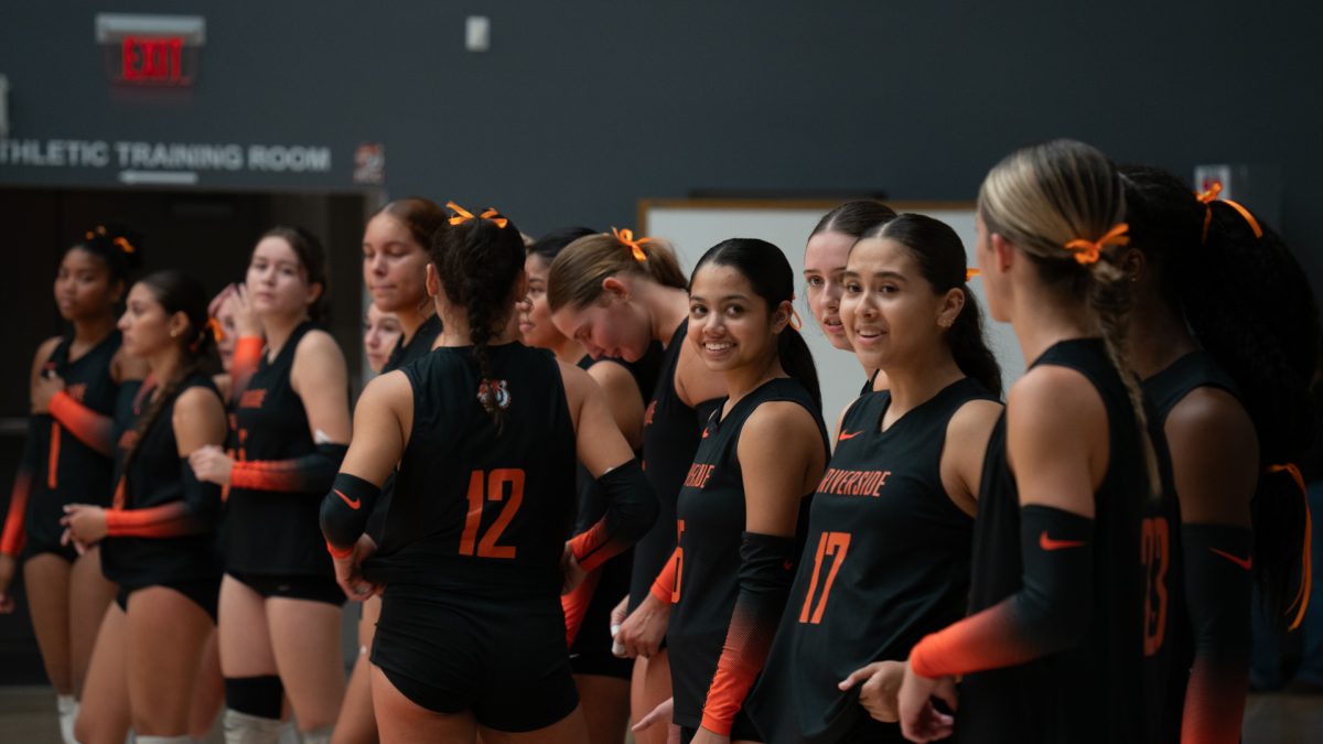 Riverside City College Women's Volleyball prepares for their third successful set against Santa Ana College during a home game on Sept. 17, 2025.