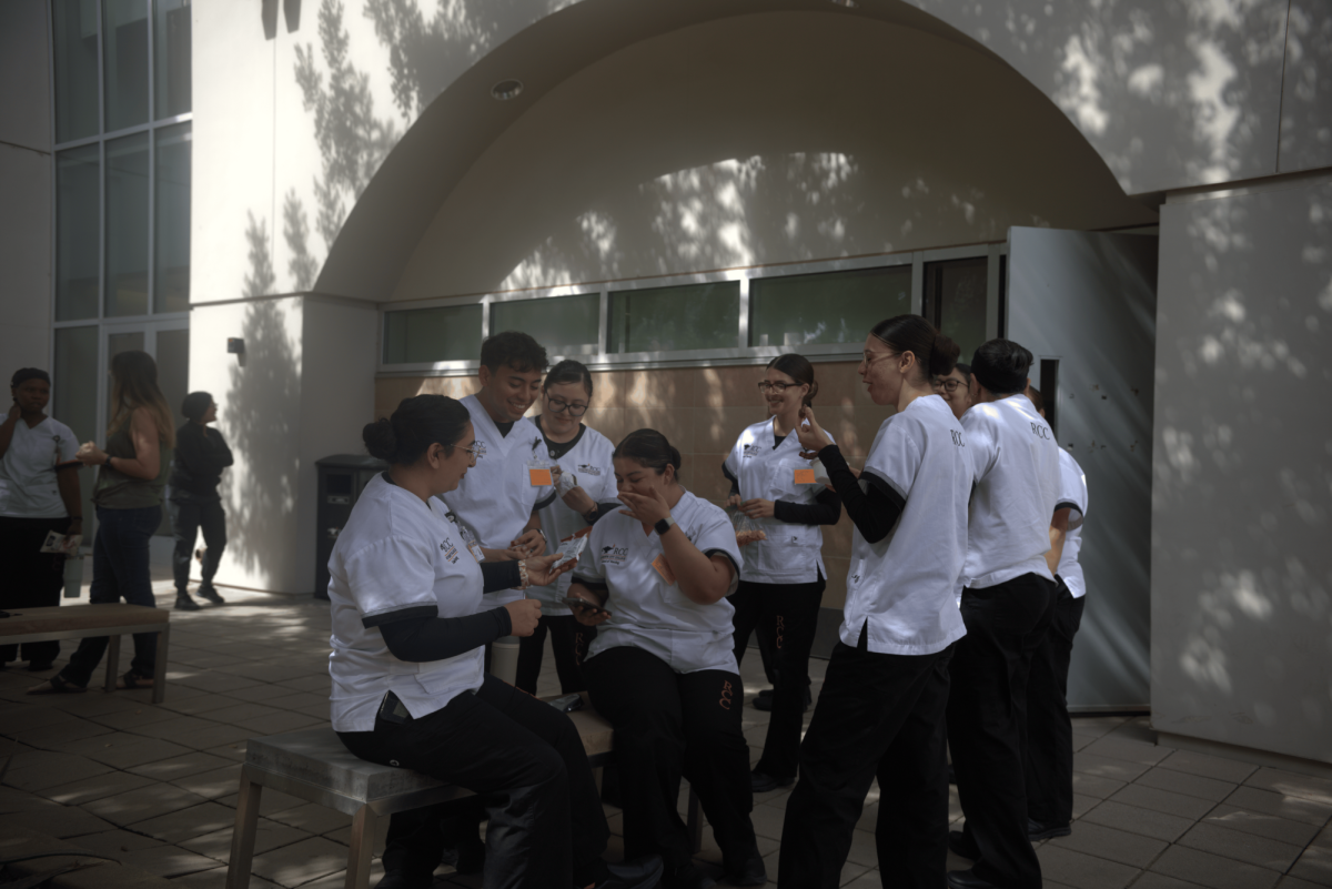 Riverside City College Nursing students take a break between classes outside nursing building