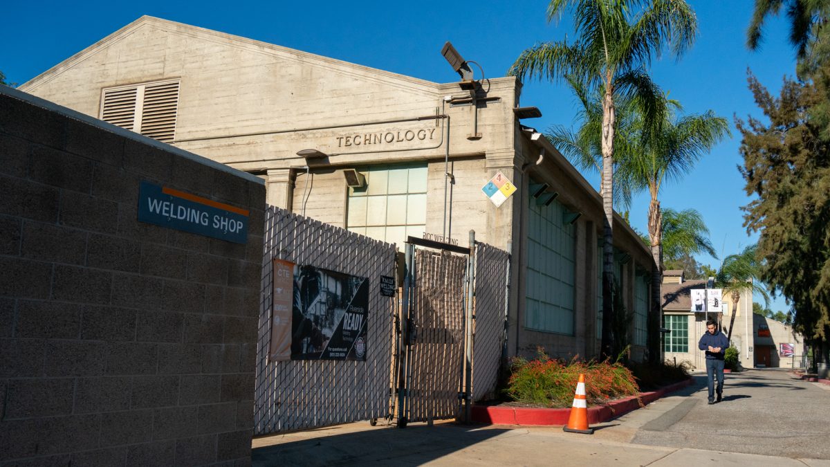 The welding shop in the Technology building at the lower side of campus at Riverside City College. 