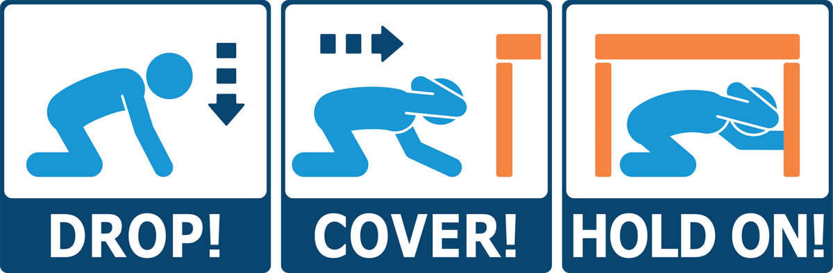 A graphic that demonstrates the stop, cover and hold on safety method to use during an earthquake.