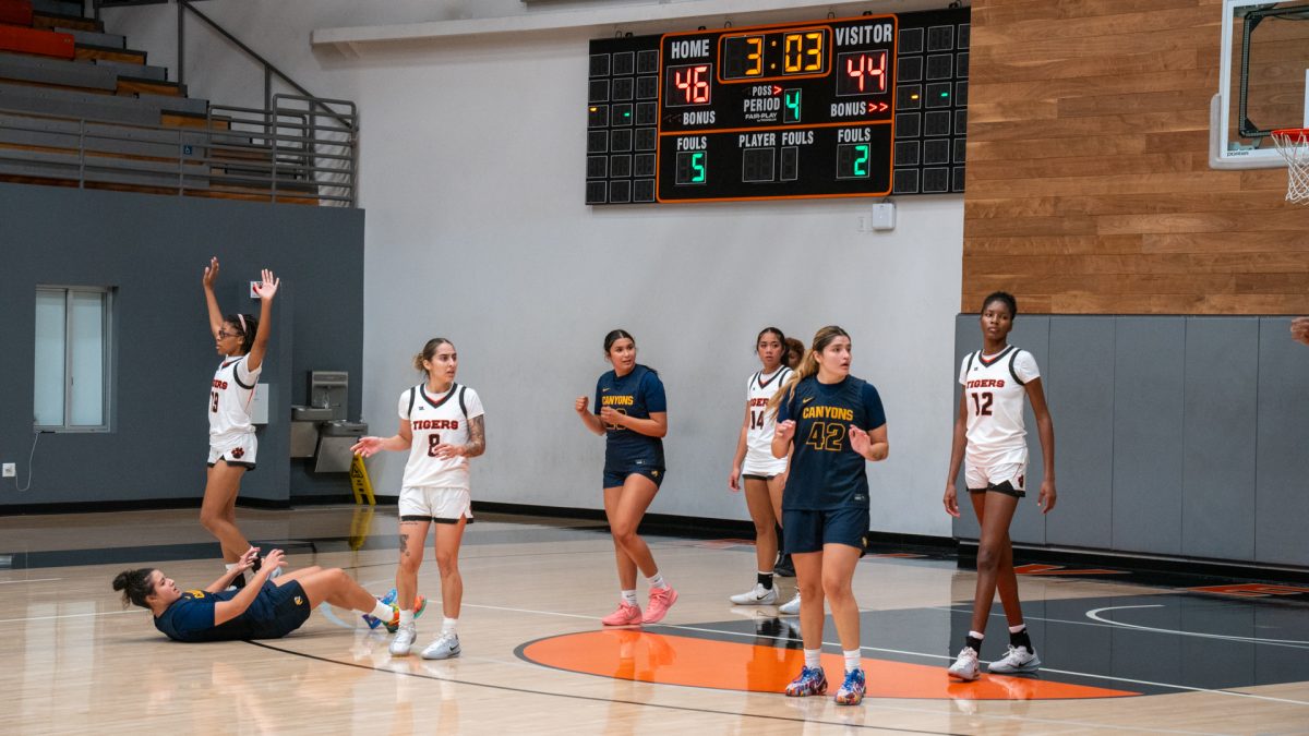 Riverside City College Womens Basketball fouls College of the Canyons putting them in bonus with minutes left in the fourth quarter on Nov. 18.