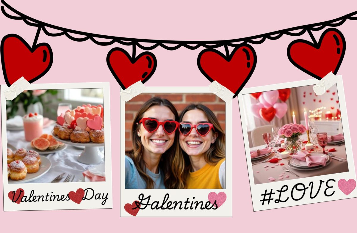 A collage of different photos that represent different Valentines Day activities.