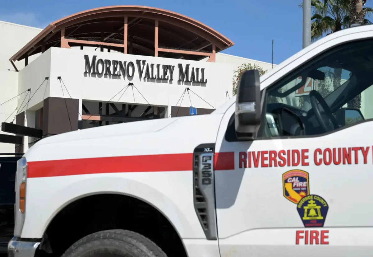  A Riverside Fire Department vehicle parks in front of the entrance of the Moreno Valley Mall in Moreno Valley. 

