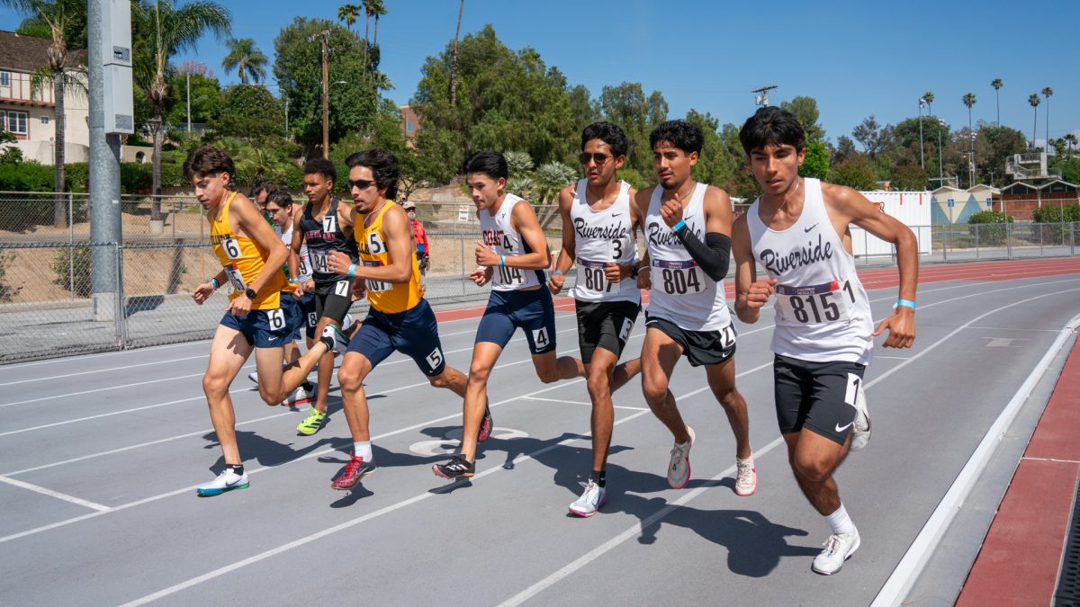 Runners take off for the men's 1500-meter run during the OEC Finals on April 24 with Riverside City College placing top three. 