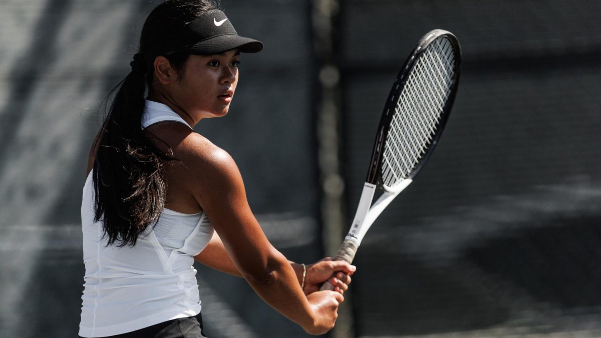 Riverside City College Tennis player Fleurdeliz Libutan prepares for a return on April 3 at the Orange Empire Conference Tournament. 