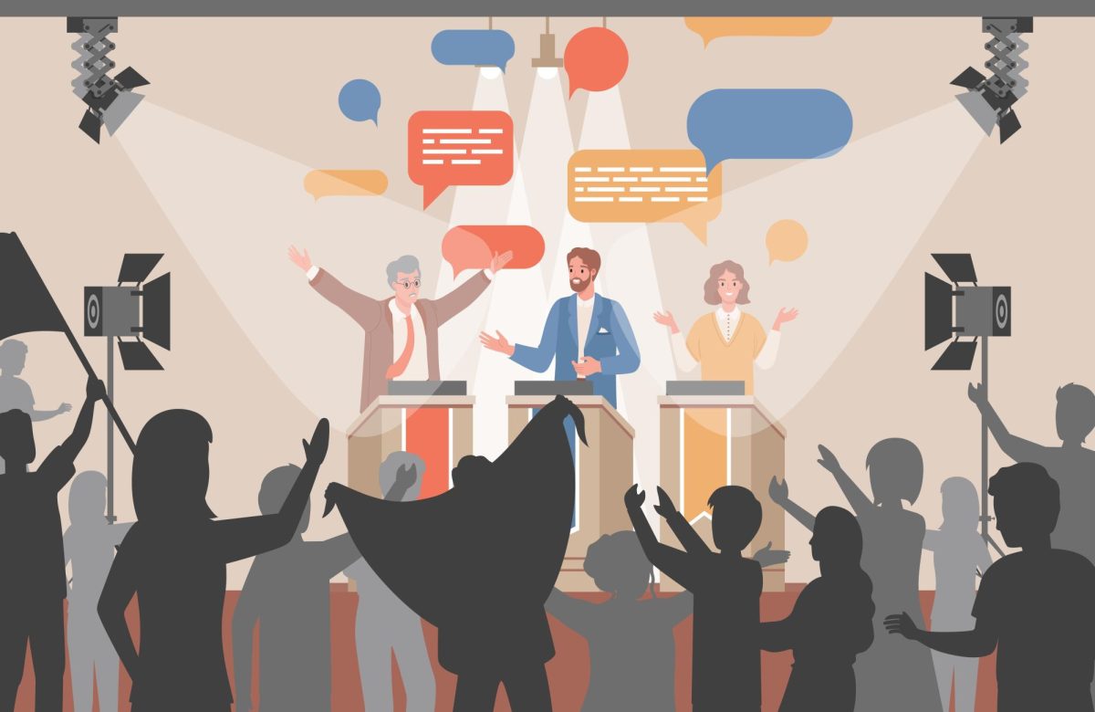 An illustration captures candidates giving a speech during an election forum  