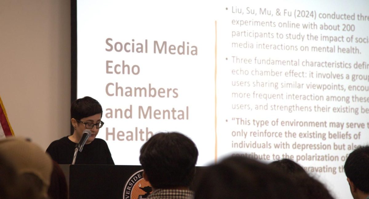 Instructor Adviye Tolunay presents her distinguished lecture on social media and modern technology at Riverside City College on May 12. 